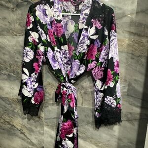 Victorias secret Floral Black and Purple Women's Satin Robe